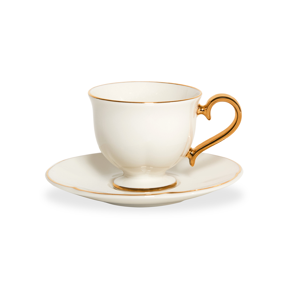 كوب قهوة مع صحن من بيلا، أبيض مائل للصفرة وذهبي - 12.5 سم