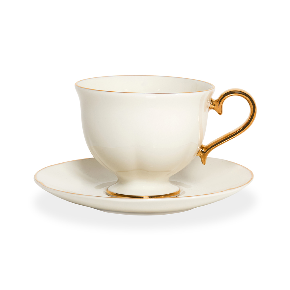 كوب شاي مع صحن من بيلا، أبيض مائل للصفرة وذهبي - 15 سم