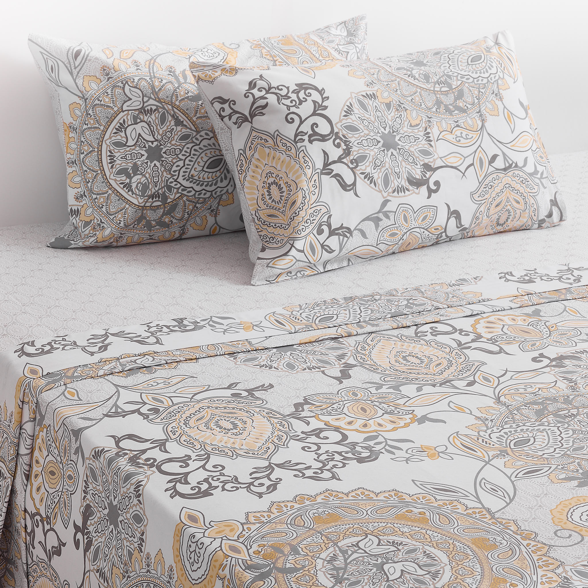 شرشف سرير مسطح قطني أورنات مقاس كوين مع غطائي وسادة، رمادي، 200 خيط - 228×255 سم