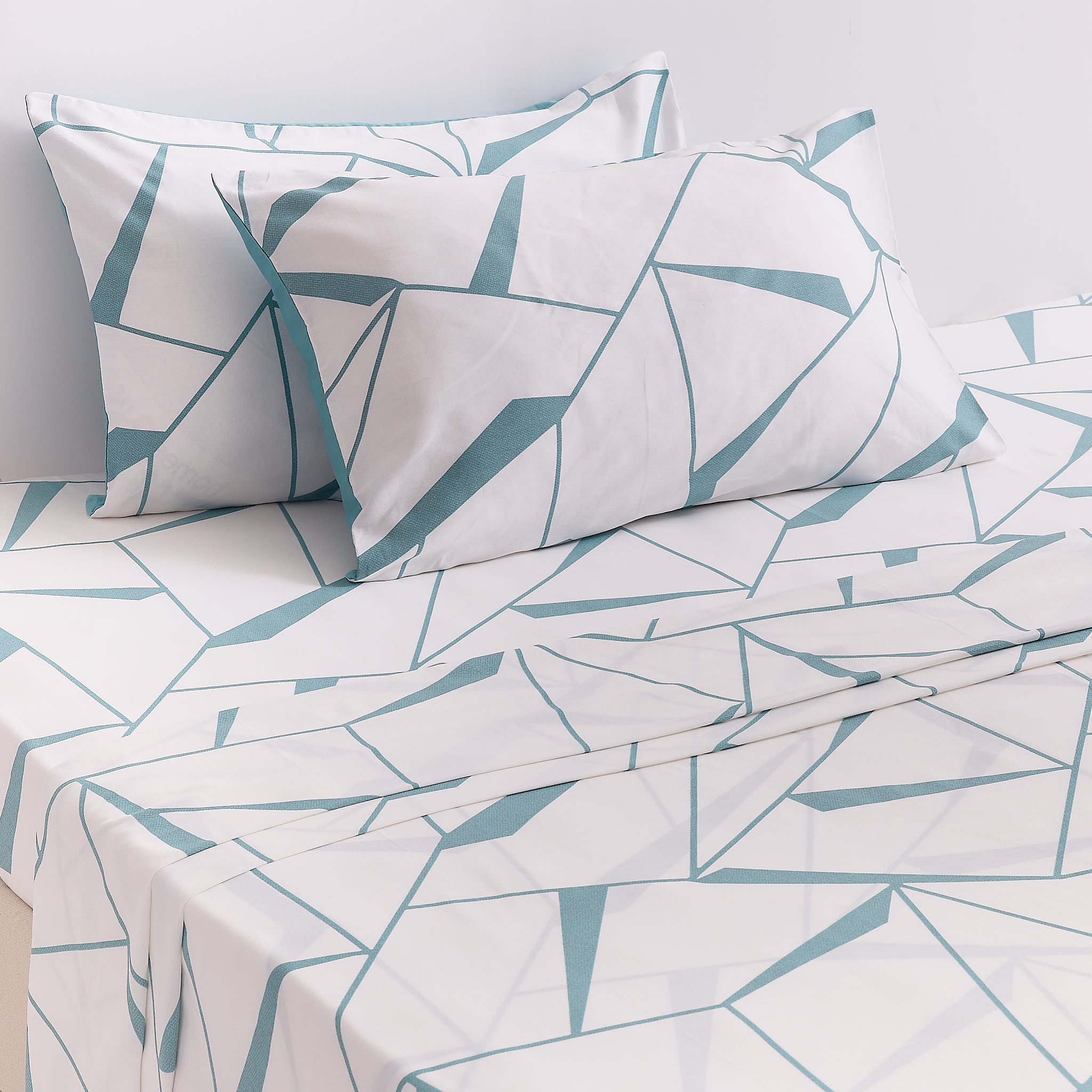 شرشف سرير مسطح زوريون مقاس كوين قطني مع غطائي وسادة، أزرق، 210 خيط - 228×255 سم