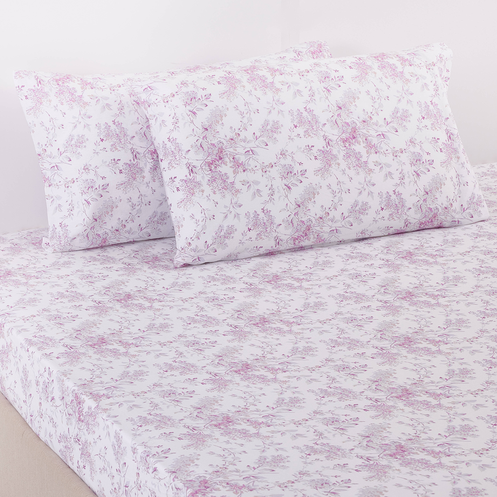 شرشف سرير بمطاط قطني مطبوع بنقشة زهور من بريوني مقاس سوبر كينج مع غطائي وسادة، وردي وأبيض، 210 خيط - 200×200 سم