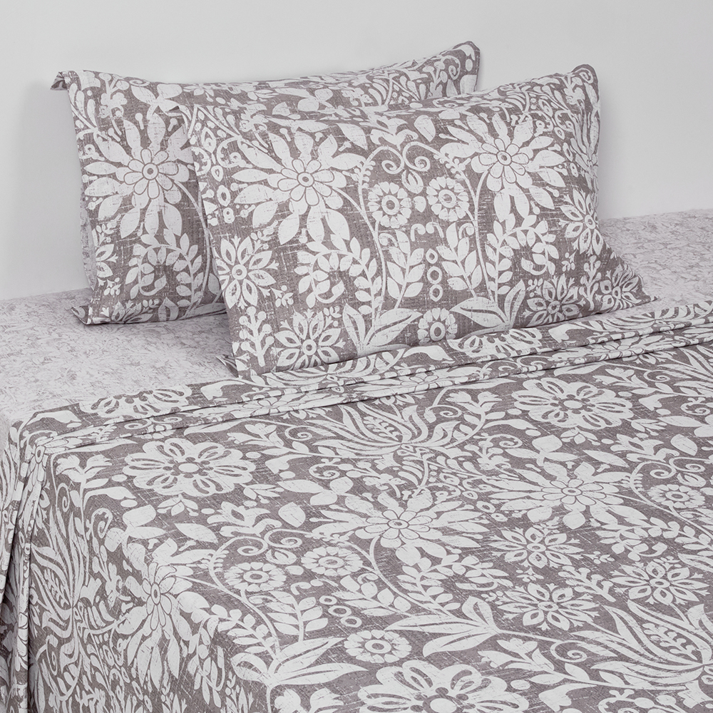 شرشف سرير مسطح بالازو من القطن بطبعة زهور مقاس كوين مع غطائين للوسائد، أخضر وأبيض، 200 خيط - 228×255 سم