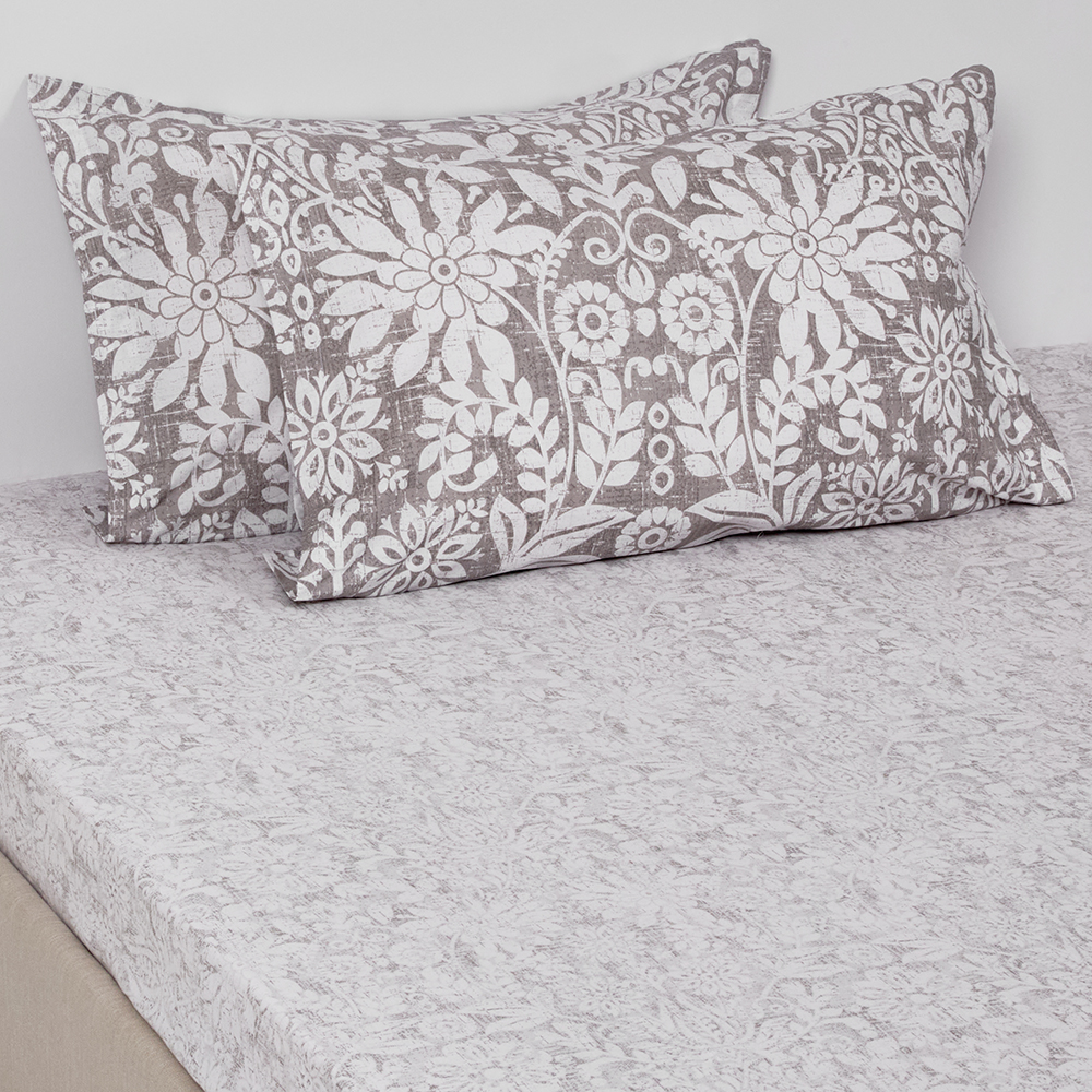 شرشف سرير قطني بمطاط بالازو مقاس كوين بطبعة زهور مع غطائين للوسائد، أخضر وأبيض، 200 خيط - 150×200 سم