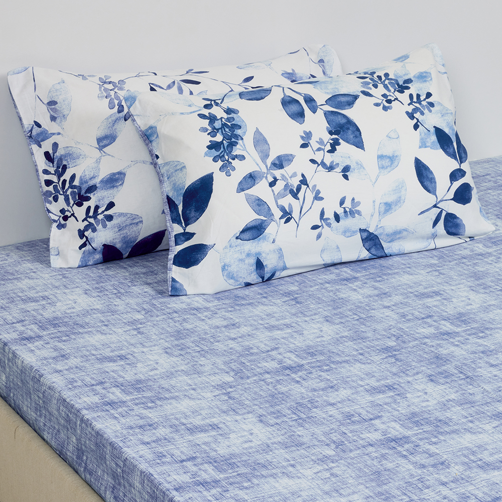 شرشف سرير قطني بمطاط من ليلاني مقاس سوبر كينج، مع غطائي وسادة، أبيض وأزرق، 210 خيط - 200×200 سم