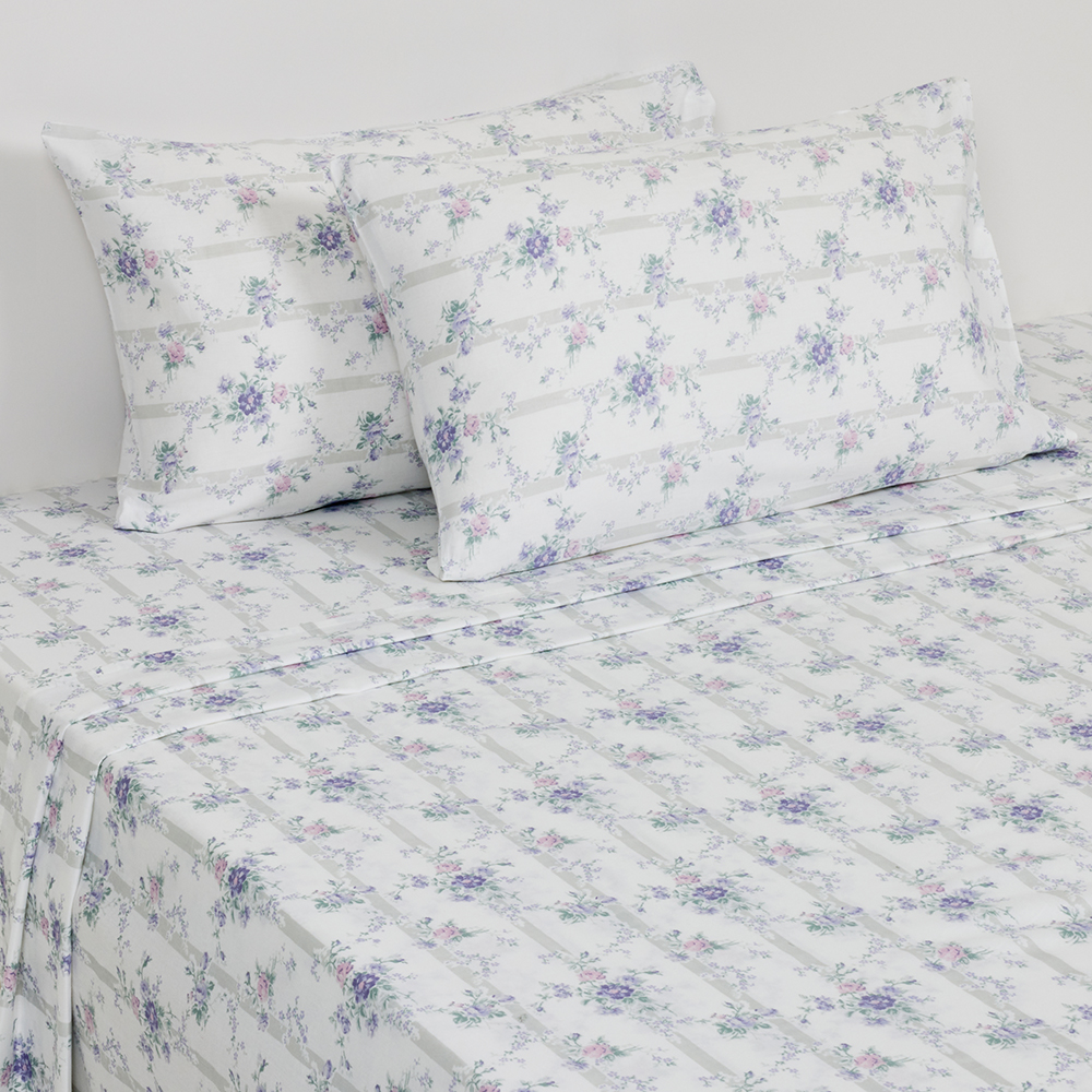 شرشف سرير مسطح قطني بطبعة زهور من سنيفا مقاس كوين مع غطائي وسادة، أبيض وأرجواني، 210 خيط - 228×255 سم