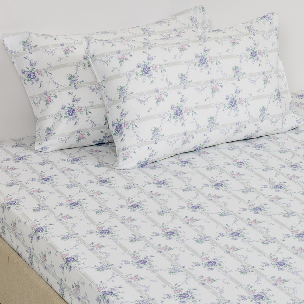 شرشف سرير قطني مطبوعة بأزهار من سنيفا مقاس سوبر كينج مع غطائي وسادة، أبيض وأرجواني، 210 خيط - 200×200 سم