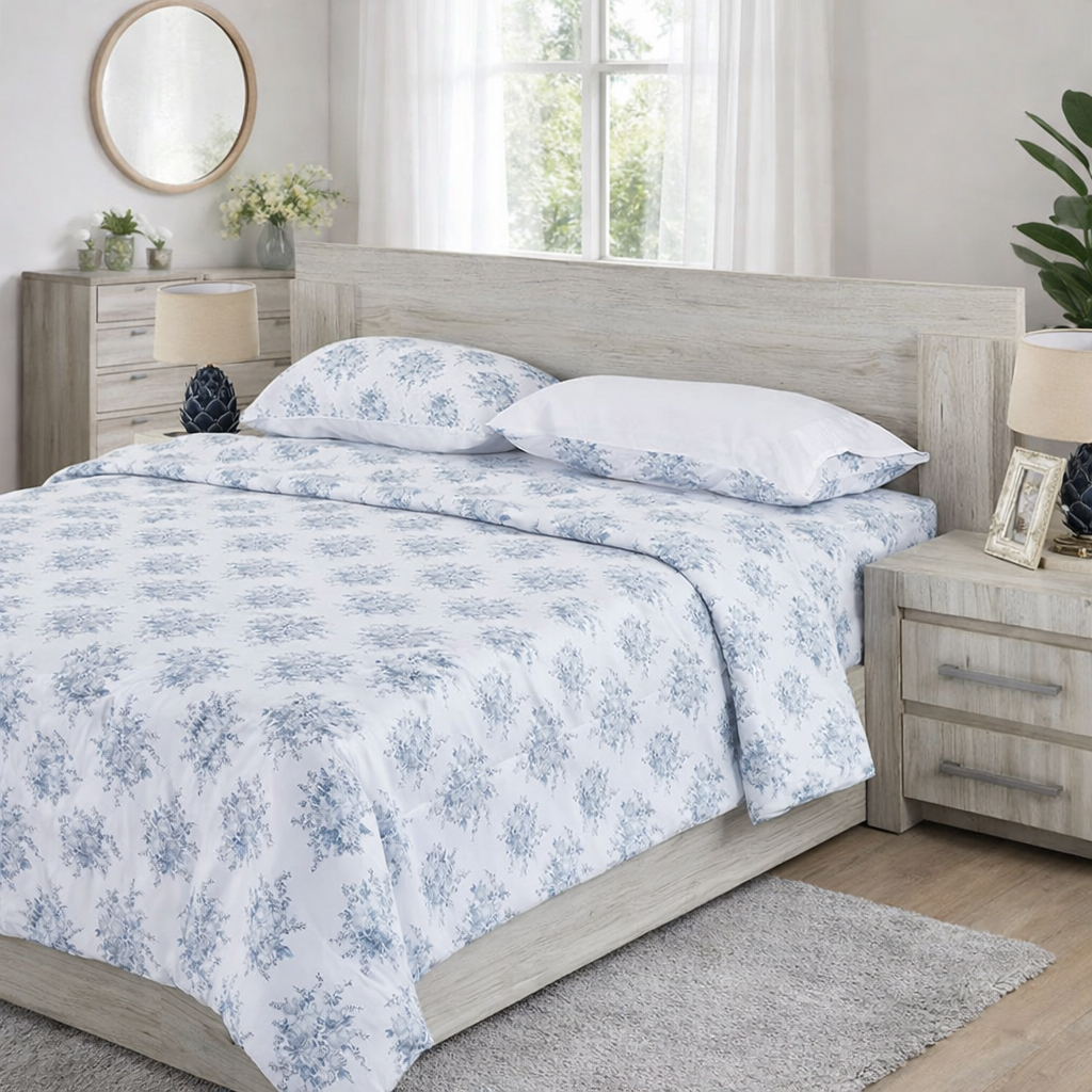 طقم لحاف سوبر كينج من فلورا، أبيض وأزرق، 210 خيط - 240×260 سم