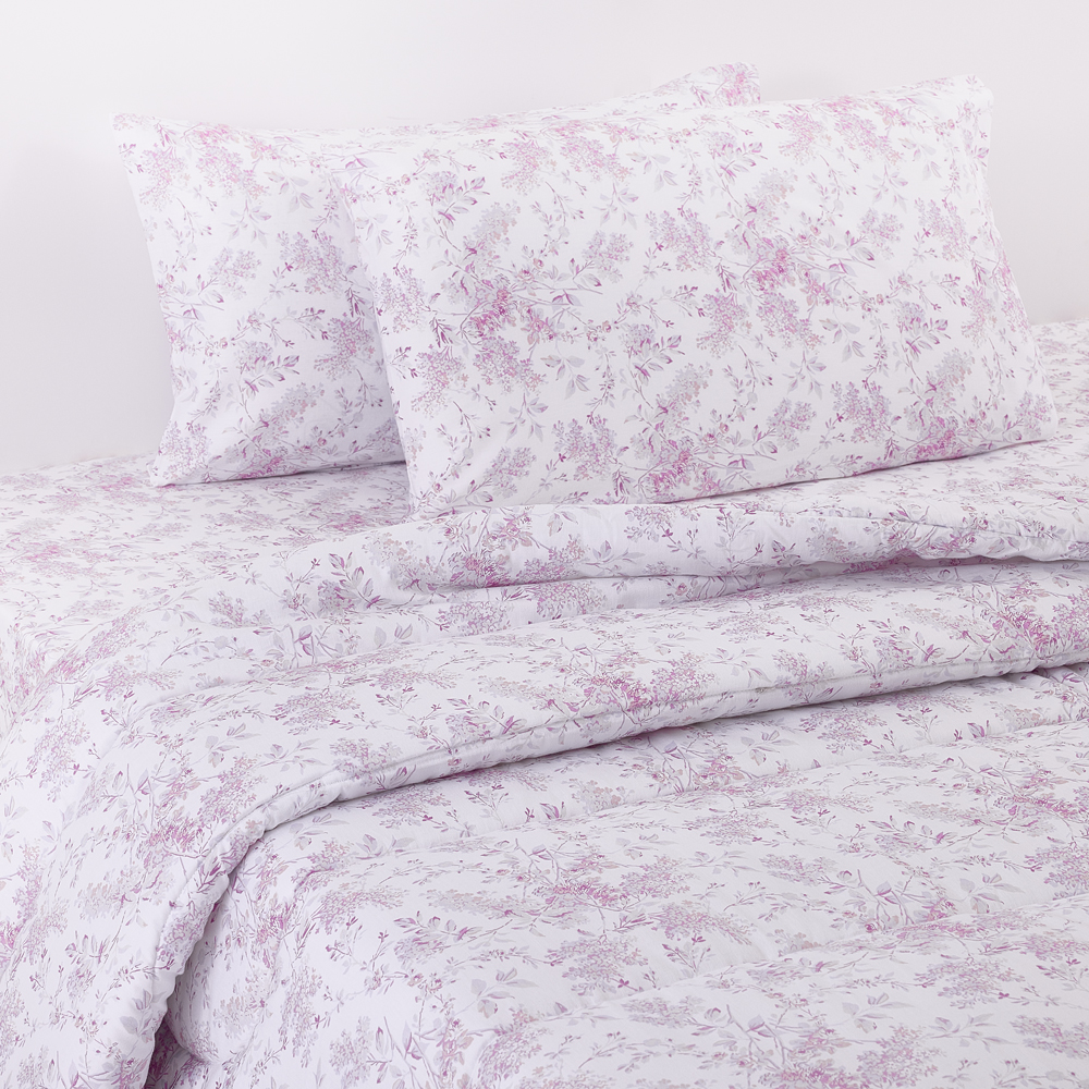 لحاف بريوني قطني مطبوع عليه زهور مقاس كوين مع غطائين للوسادة، وردي وأبيض، 210 خيط - 220×230 سم