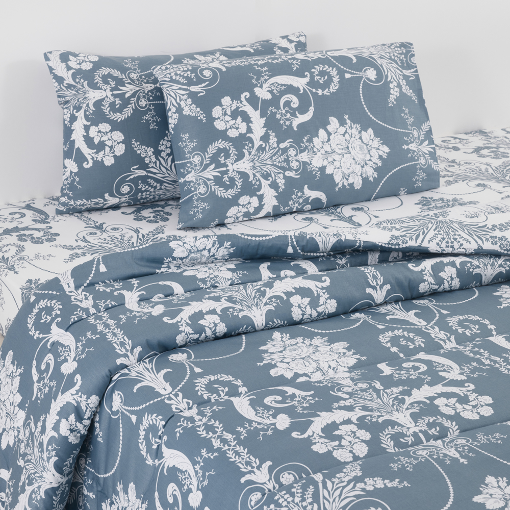 لحاف ساديرا قطني مطبوع عليه زهور مقاس كوين مع غطائين للوسادة، أبيض وأزرق، 210 خيط - 220×230 سم