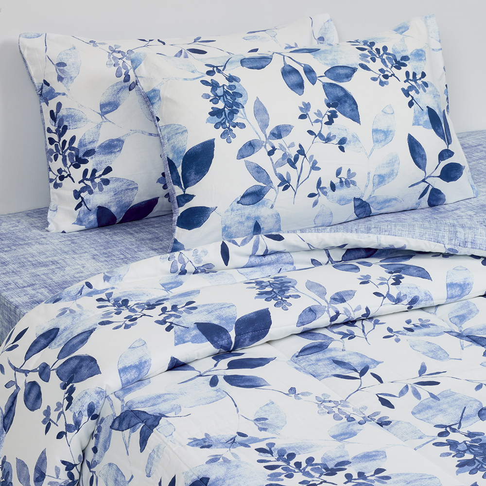 لحاف ليلياني قطني بطبعة زهور مقاس كوين مع غطائي وسادة، أبيض وأزرق، 210 خيط - 230×220 سم