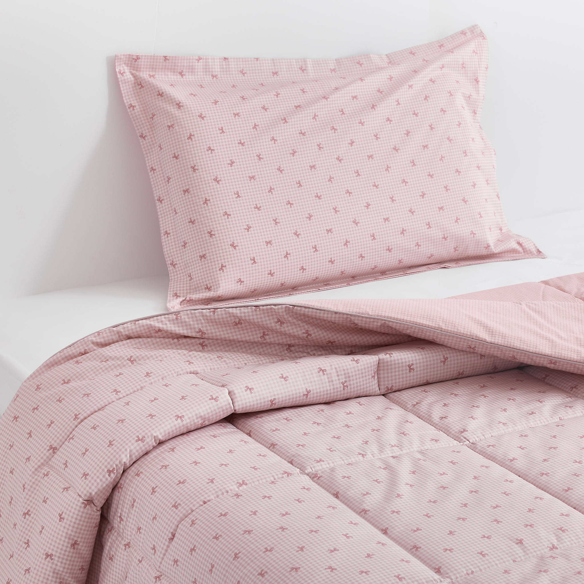 Single-Sized Kid's Cotton Comforter With One Pillowcase, Pink Bows, 205 TC - 220x150cm