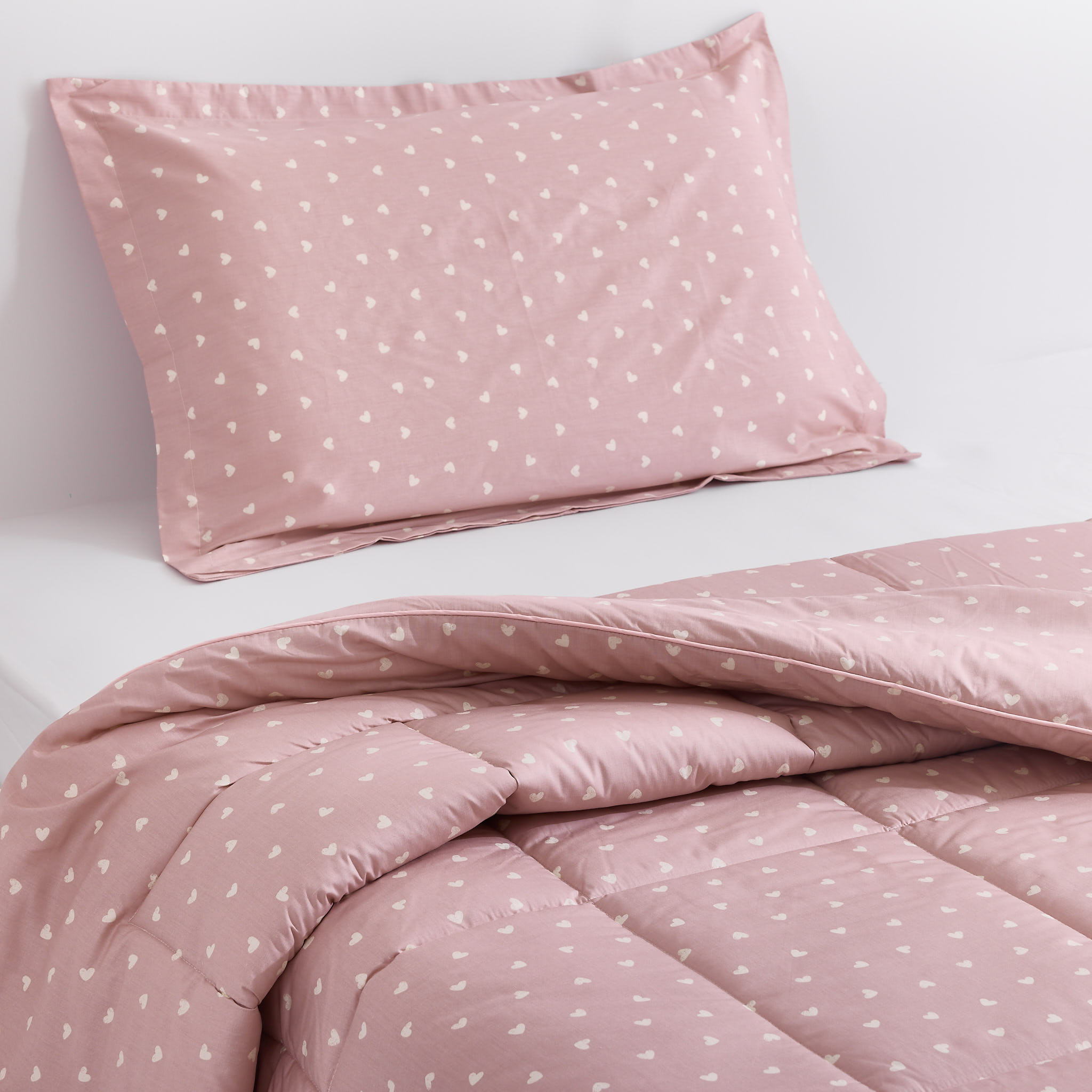 Single-Sized Kid's Cotton Comforter With One Pillowcase, Heart Print, Pink, 205 TC - 220x150cm