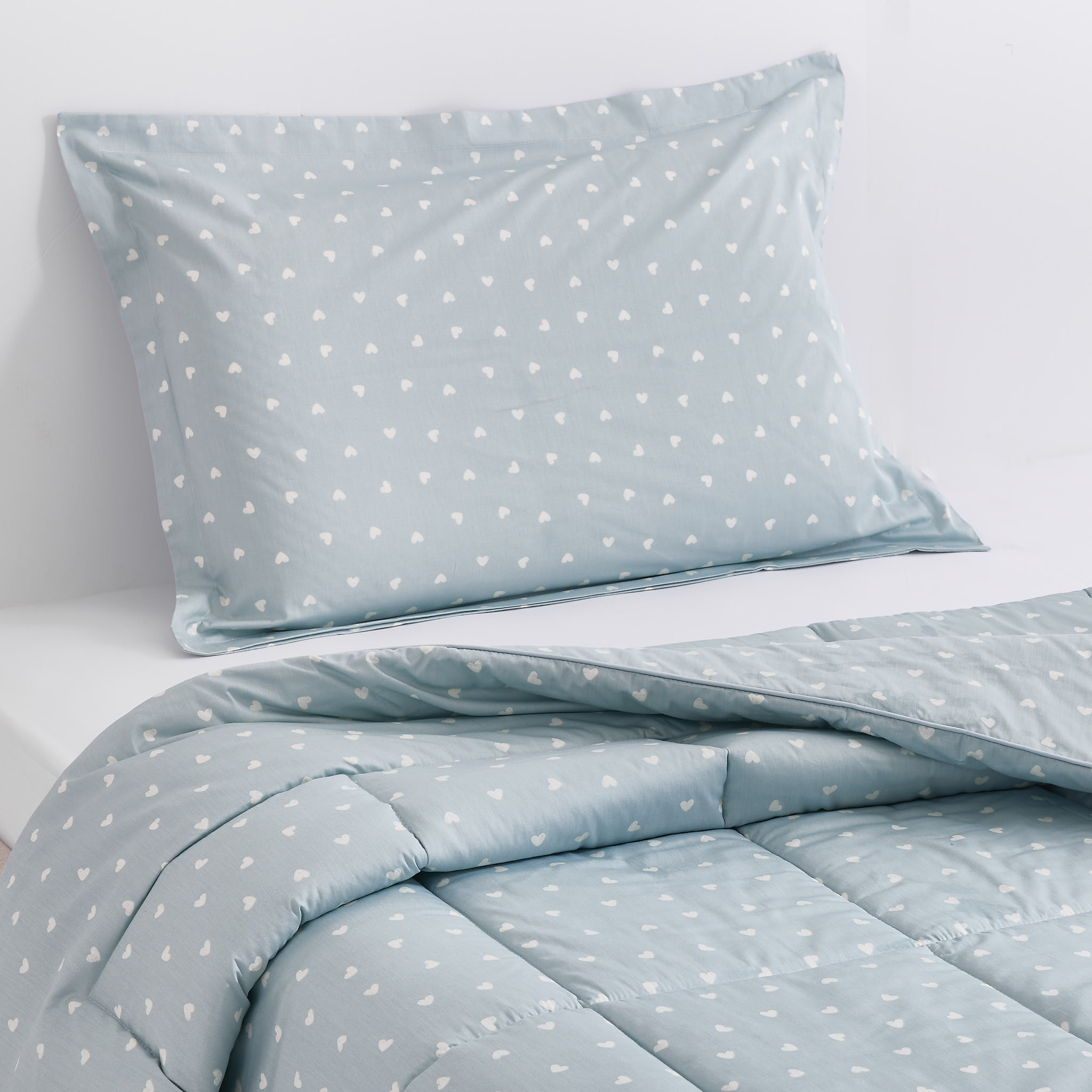 Single-Sized Kid's Cotton Comforter With One Pillowcase, Heart Print, Blue - 205 TC, 220x150cm