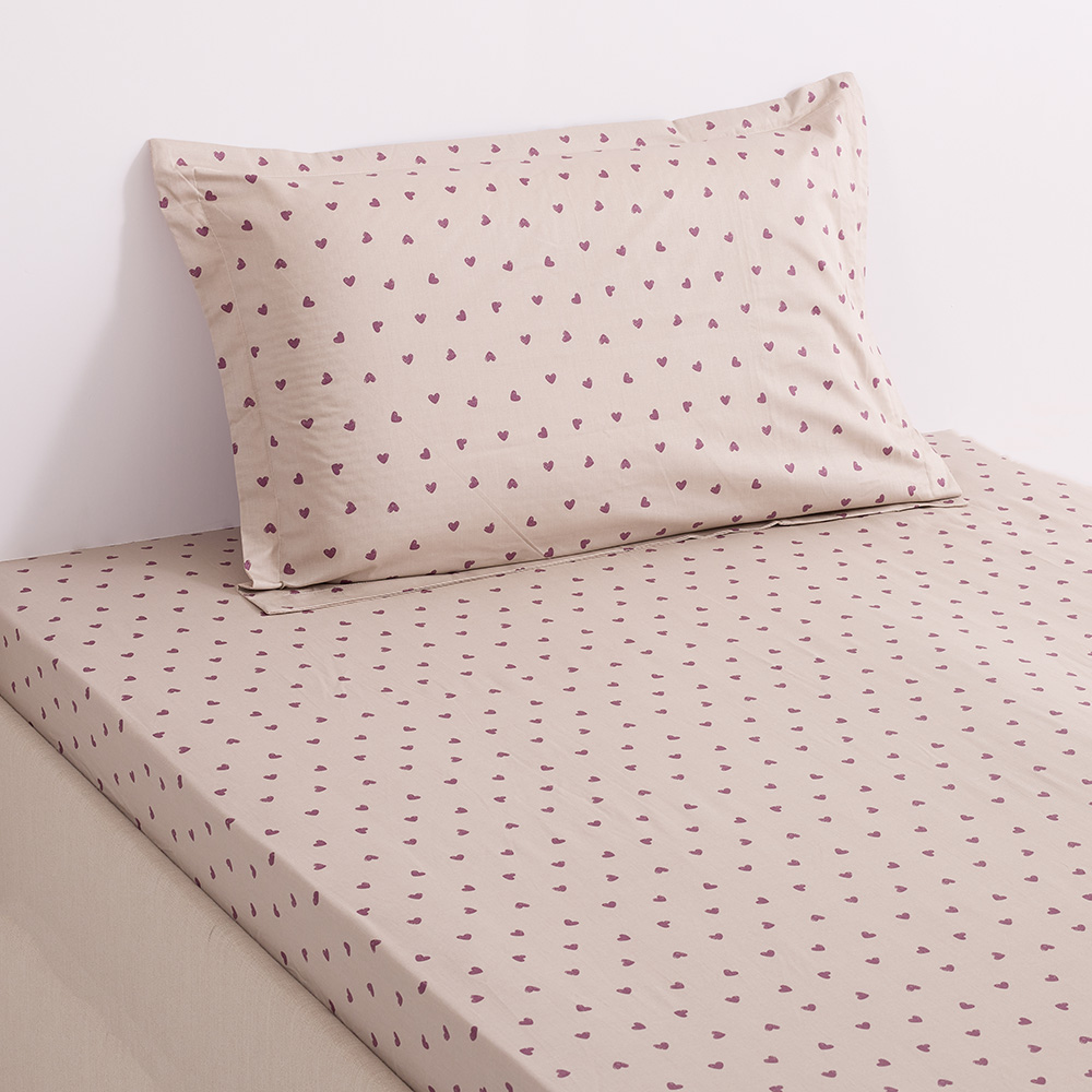  شرشف سرير بمطاط قطني مزدوج الحجم بطبعة قلب للأطفال مع غطاء وسادة واحد، بيج، 205  خيط - 120x200 سم