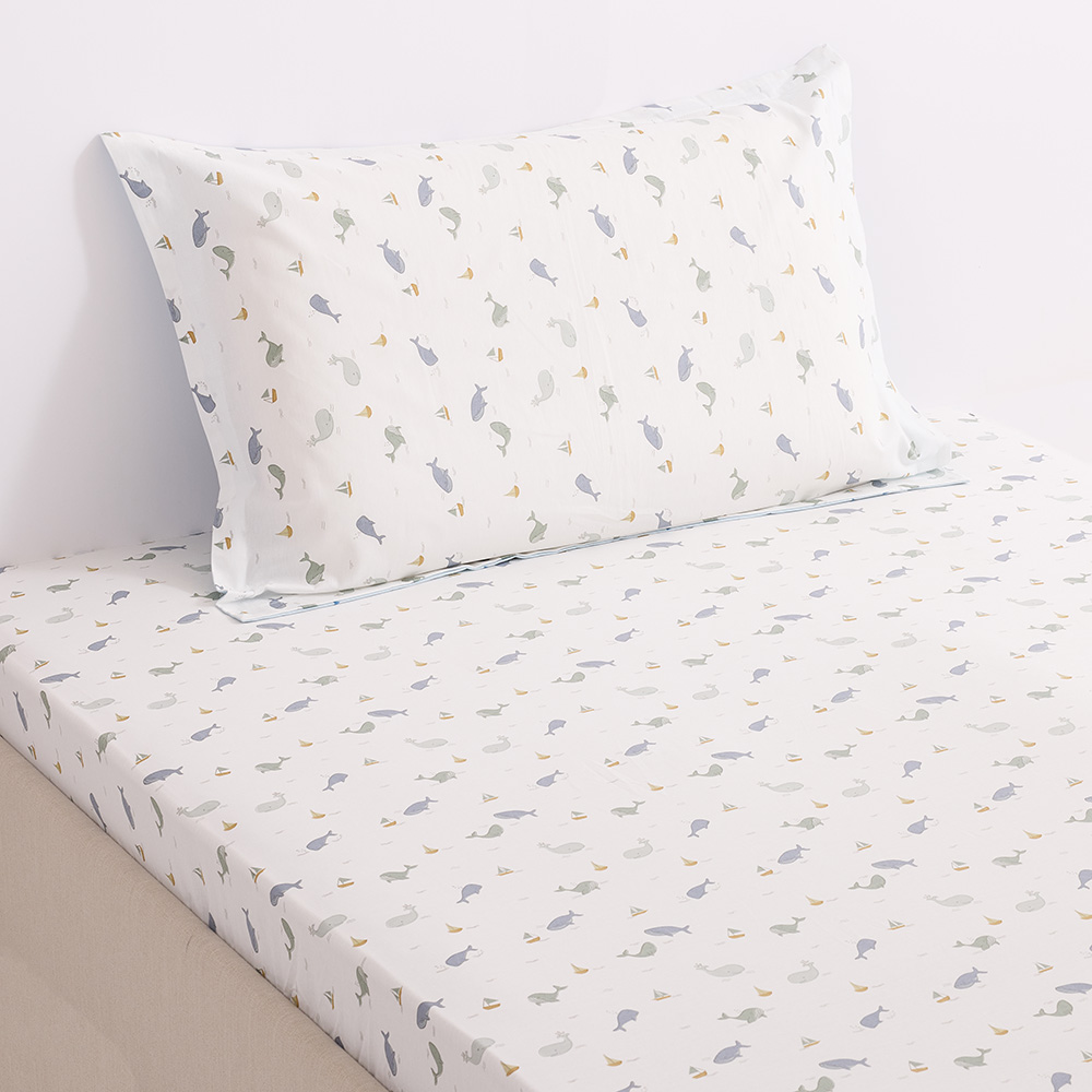 Aalto Kid's Double-Sized Whale Print Cotton Fitted Sheet with One Pillowcase, White, 200 TC - 120x200cm