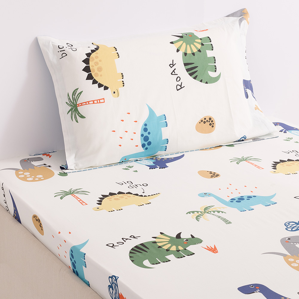 Ranger Kid's Double-Sized Dinosaur Print Cotton Fitted Sheet with One Pillowcase, Multicolor, 200 TC - 120x200cm