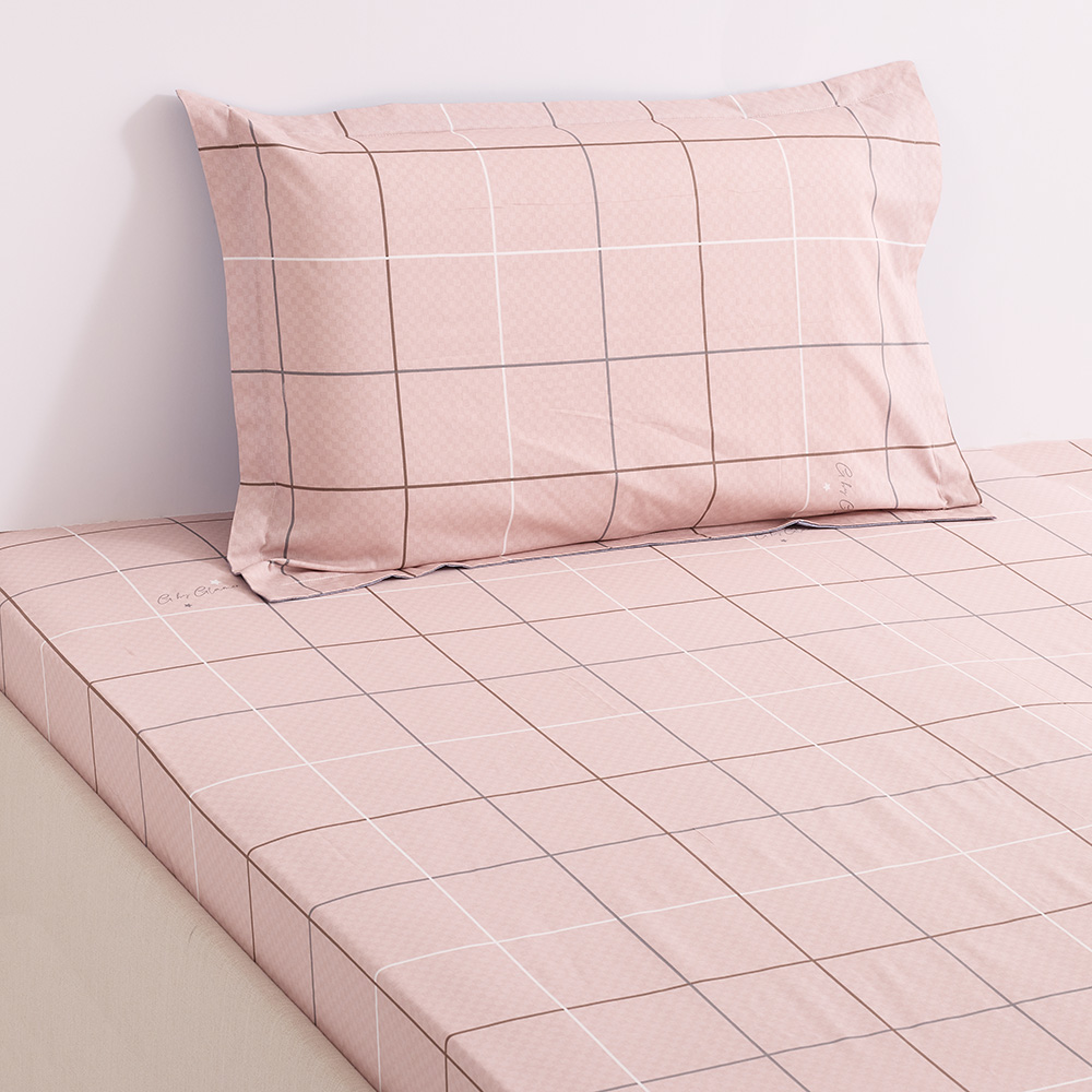 Carey Kid's Single-Sized Grid Pattern Cotton Fitted Sheet with One Pillowcase, Pink, 200 TC - 90x200cm