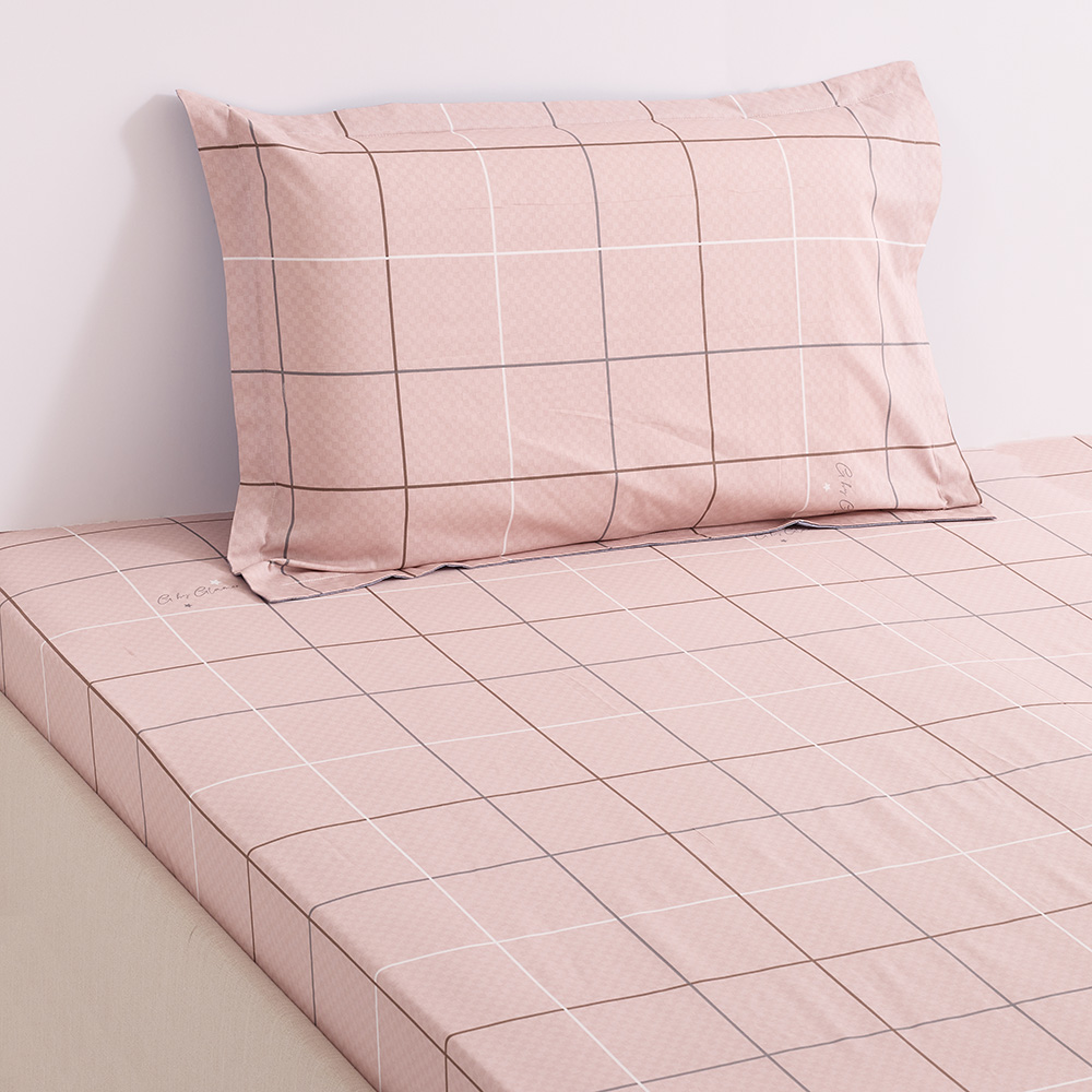 Carey Kid's Double-Sized Grid Pattern Cotton Fitted Sheet with One Pillowcase, Pink, 200 TC, 120x200cm