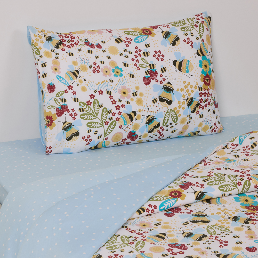 Bumble Bee Print Single-Sized Cotton Duvet Cover With One Pillowcase, White & Yellow, 180 TC - 135x200cm