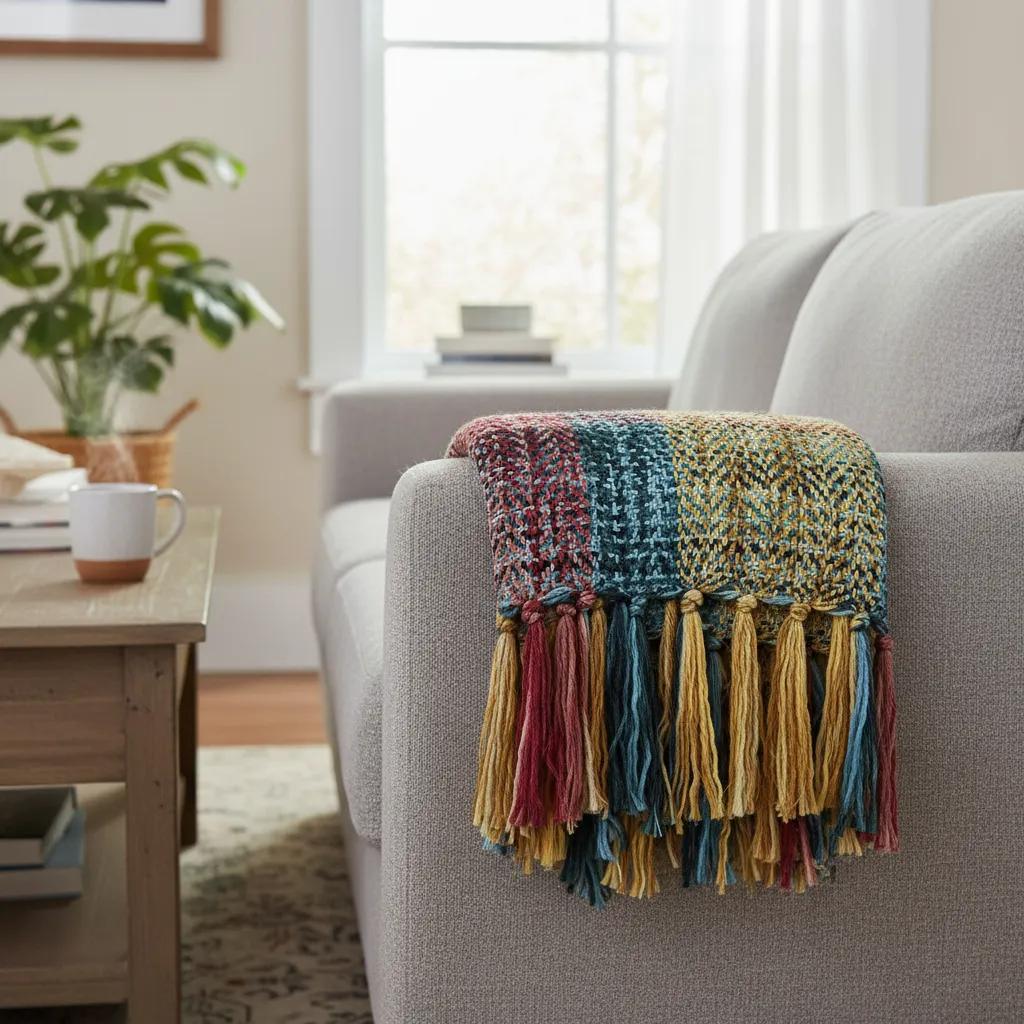 بطانية كنب منسوجة بشراشيب بتصميم متعرج، متعددة الألوان - ١٧٠×١٣٠ سم