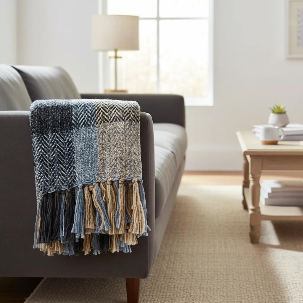 بطانية كنب منسوجة بشراشيب بتصميم متعرج، متعددة الألوان - ١٧٠×١٣٠ سم