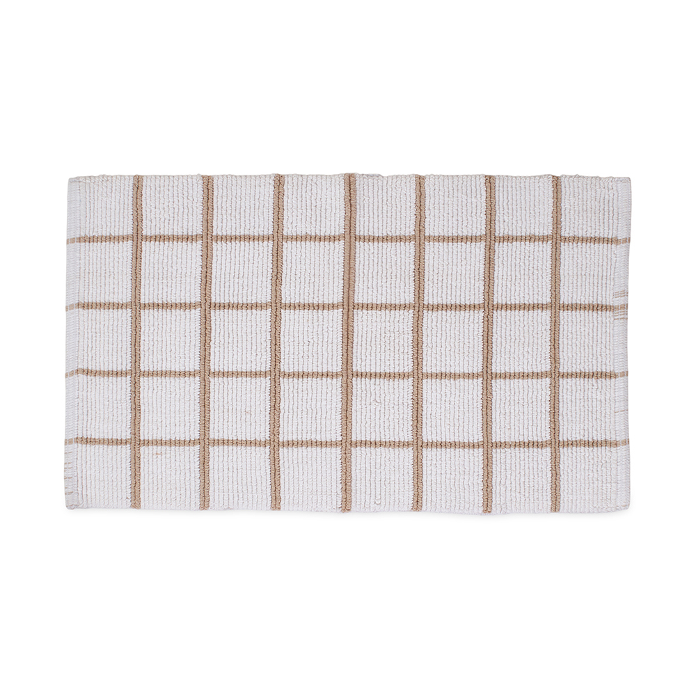 سجادة حمام منسوجة من القطن بنمط مربّع، بيج وأبيض - ٢١٠٠ جرام لكل متر مربع، ٥٠×٨٨ سم
