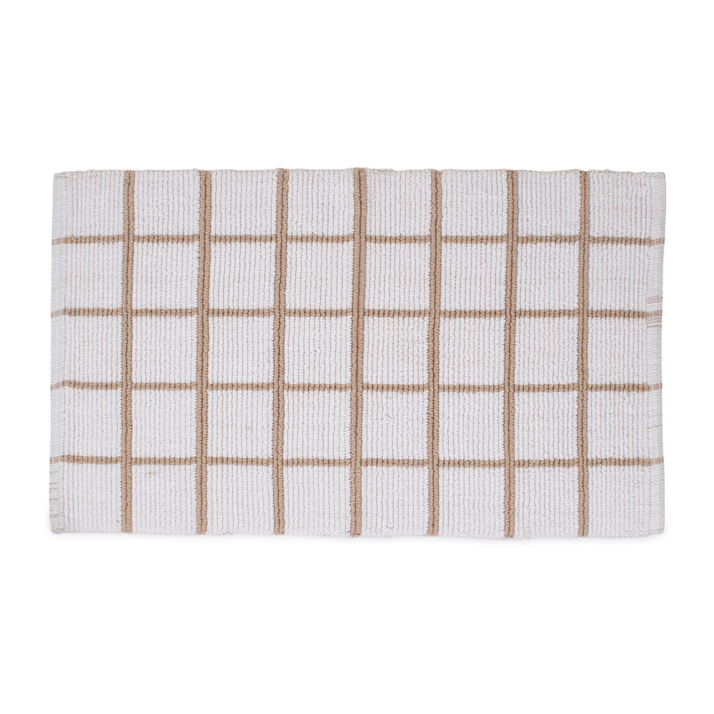 سجادة حمام منسوجة من القطن بنمط مربّع، بيج وأبيض - ٢١٠٠ جرام لكل متر مربع، ٦٠×١٠٢ سم