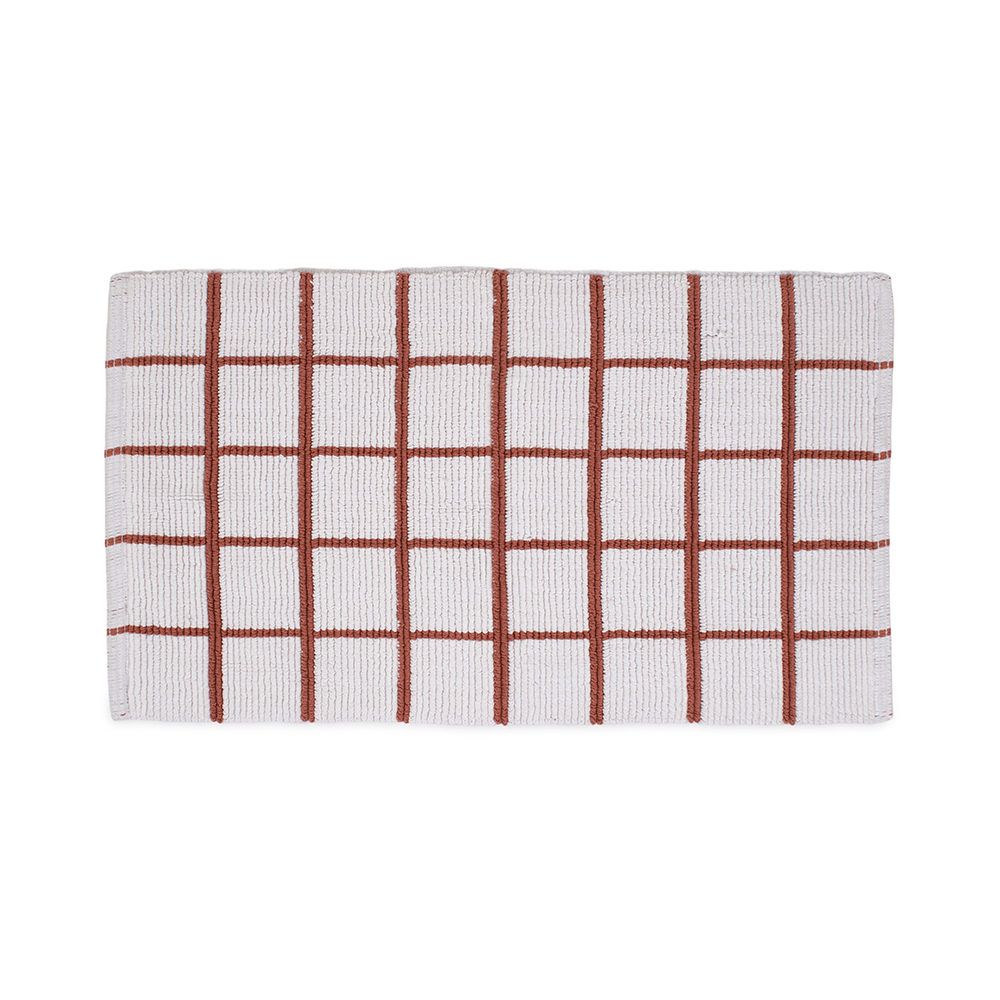 سجادة حمام منسوجة من القطن بنمط مربّع، بني وأبيض - ٢١٠٠ غرام لكل متر مربع، ٥٠×٩٠ سم