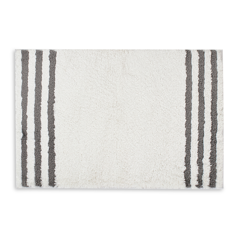سجادة حمام كلاسيكية مخططة من البوليستر، أبيض ورمادي، 1800 جرام لكل متر مربع - 70×120 سم
