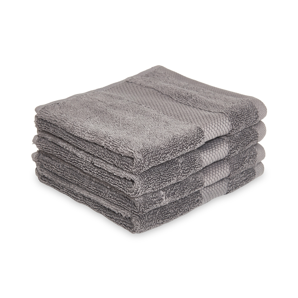 طقم مناشف وجه قطن تركي 4 قطع من ريزورت، رمادي داكن - 650 غرام لكل متر مربع، 33x33 سم