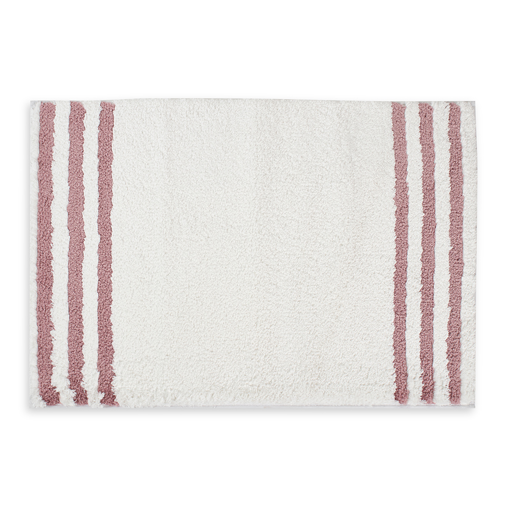 سجادة حمام كلاسيكية مخططة من البوليستر، أبيض ووردي، 1800 جرام لكل متر مربع - 70×120 سم