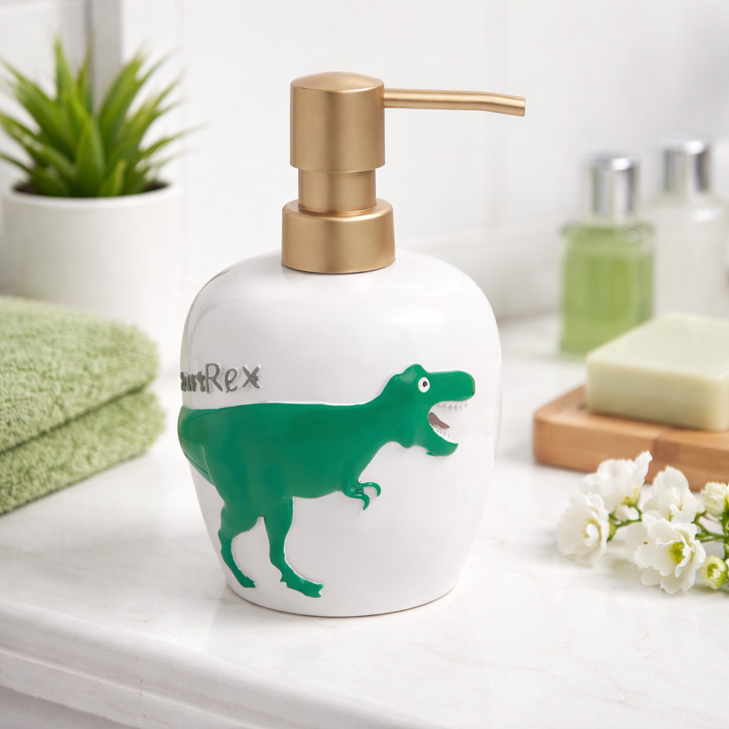 موزع صابون من البوليريسين بتصميم ديناصور، أبيض وأخضر - 16 سم