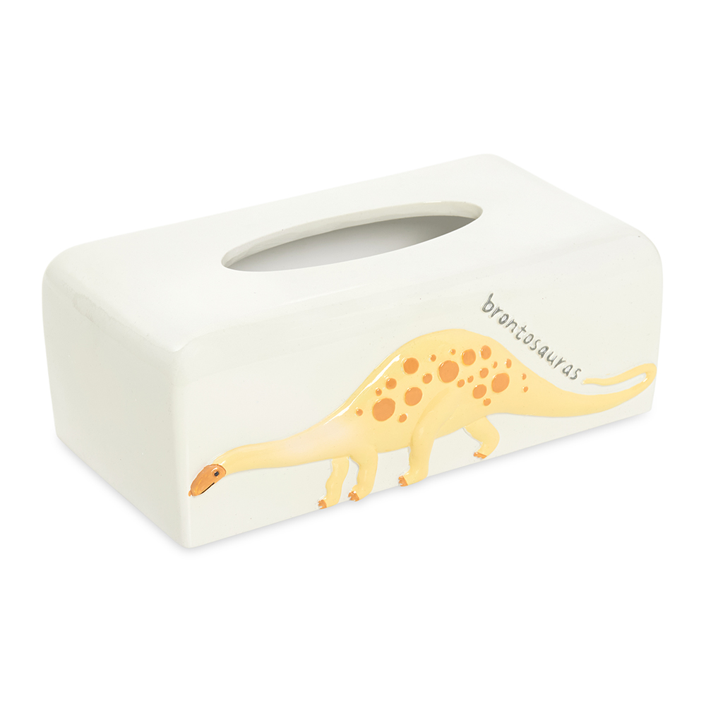 علبة مناديل من البوليريسين بتصميم ديناصور، أبيض وأصفر - ٢٥×١٣ سم