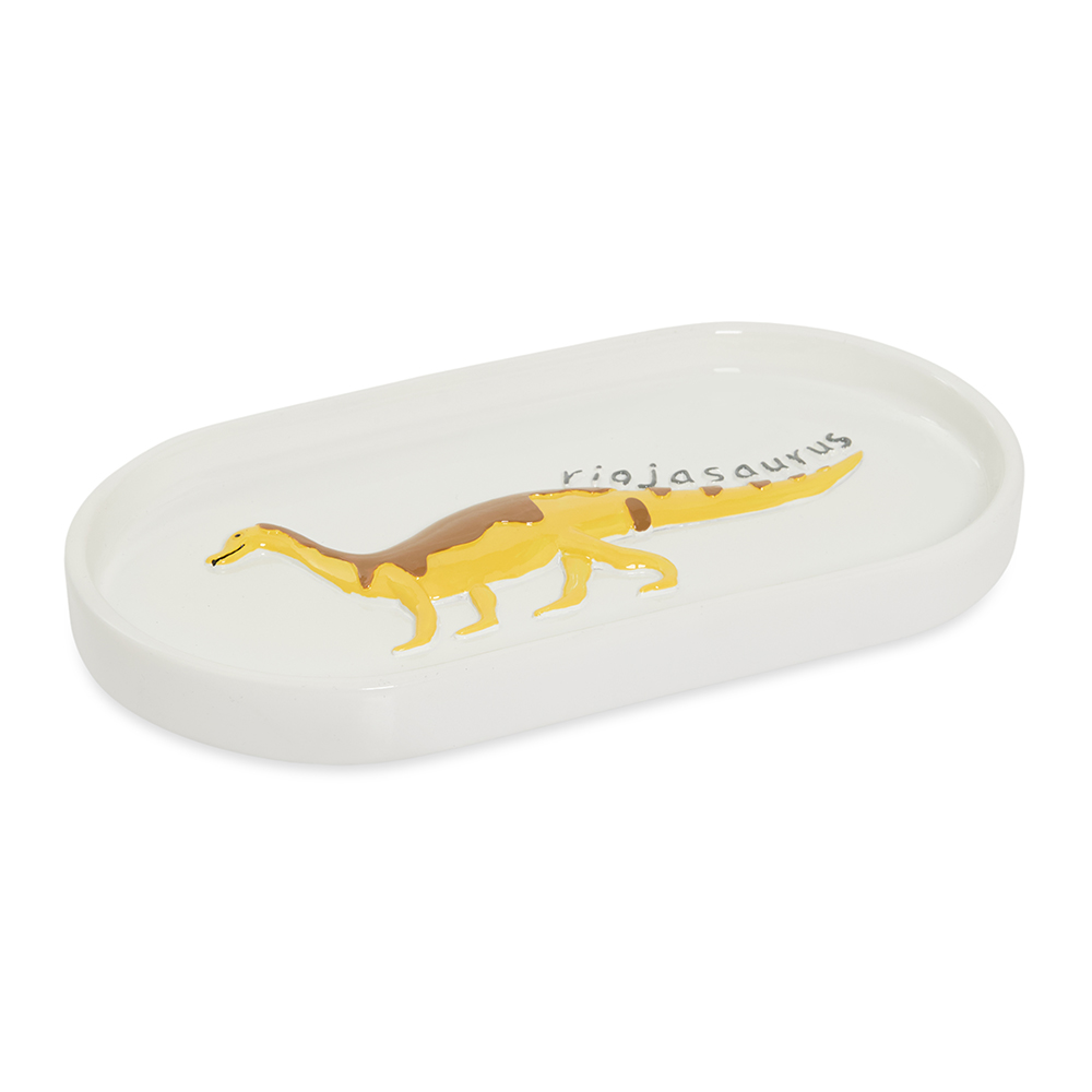 صينية حمام بتصميم ديناصور، أبيض وأصفر - 25×14 سم