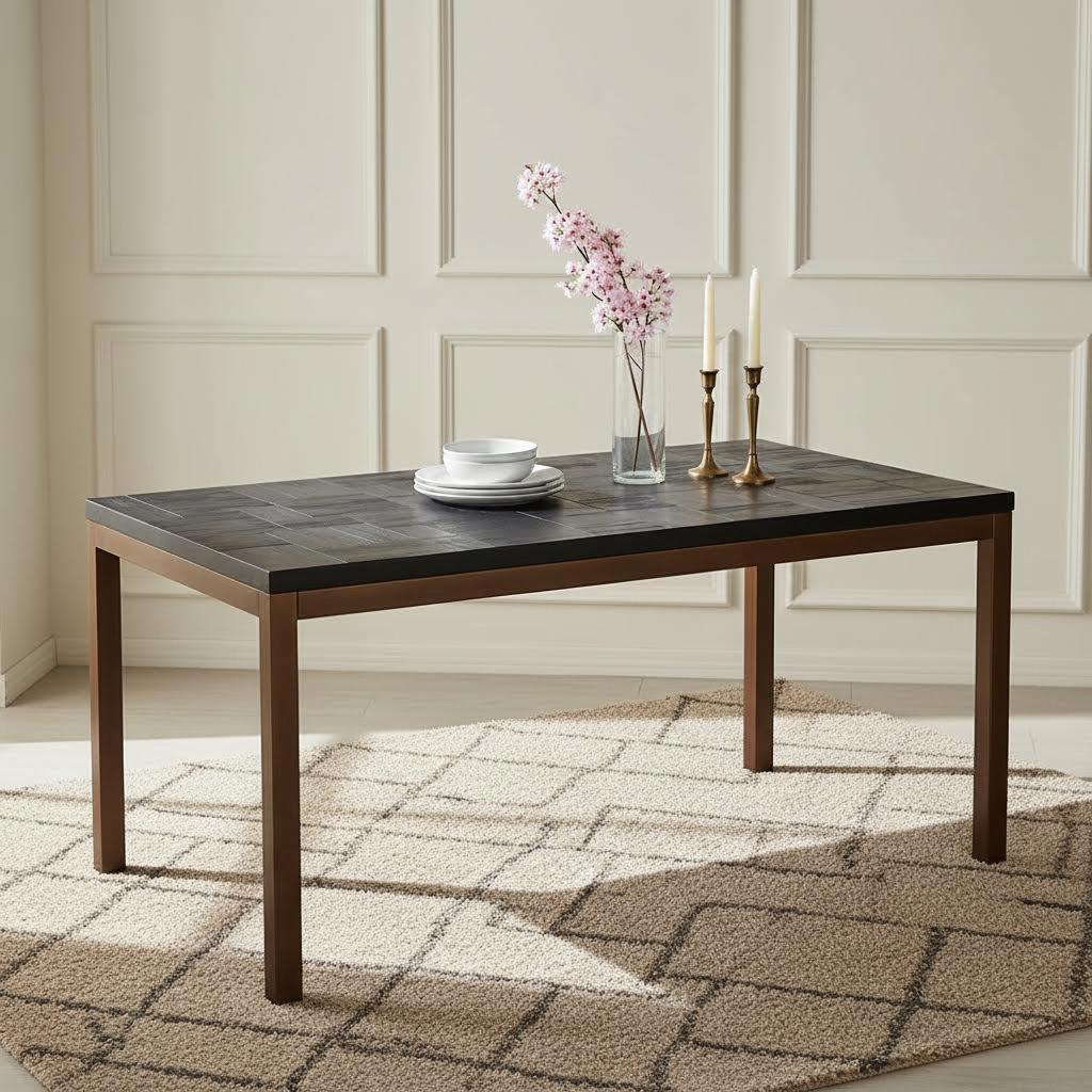 طاولة طعام هانوي تتسع لستة أشخاص بسطح ذات نمط وأرجل معدنية، أسود