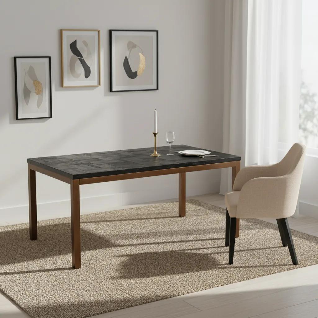 طاولة طعام هانوي تتسع لثمانية أشخاص بسطح ذات نمط وأرجل معدنية، أسود