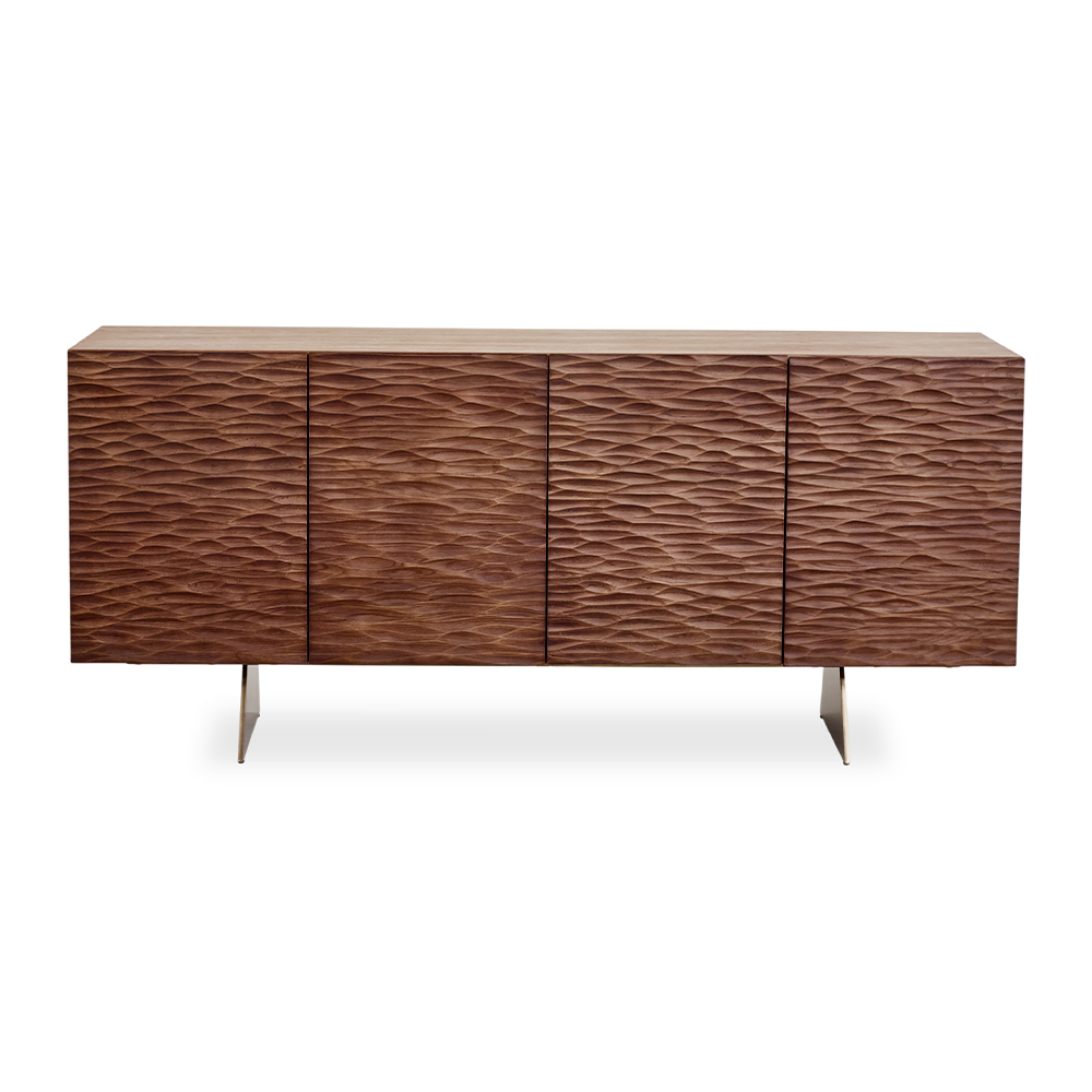 Chrys 4-Door Wooden Sideboard With Textured Front & Brass Legs, Brown & Bronze