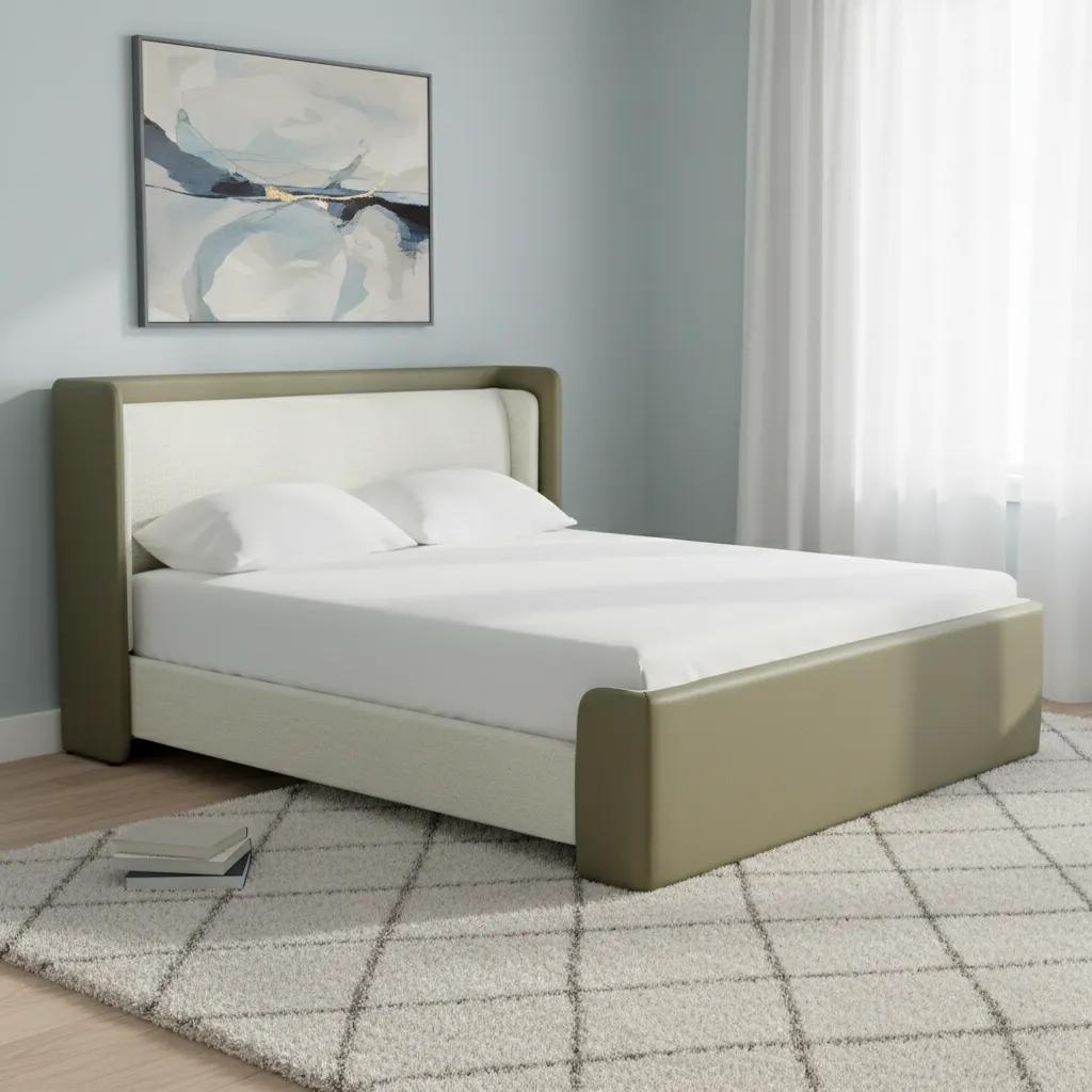 Yanson King Bed High Headboard & Curved Frame, Beige - 180x200cm
