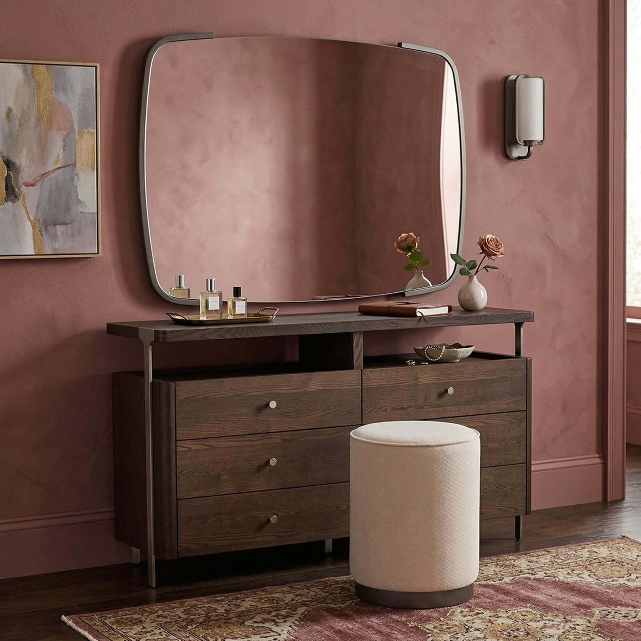 خزانة تسريحة أودري بستة أدراج مع مرآة وكرسي، بني وبيج