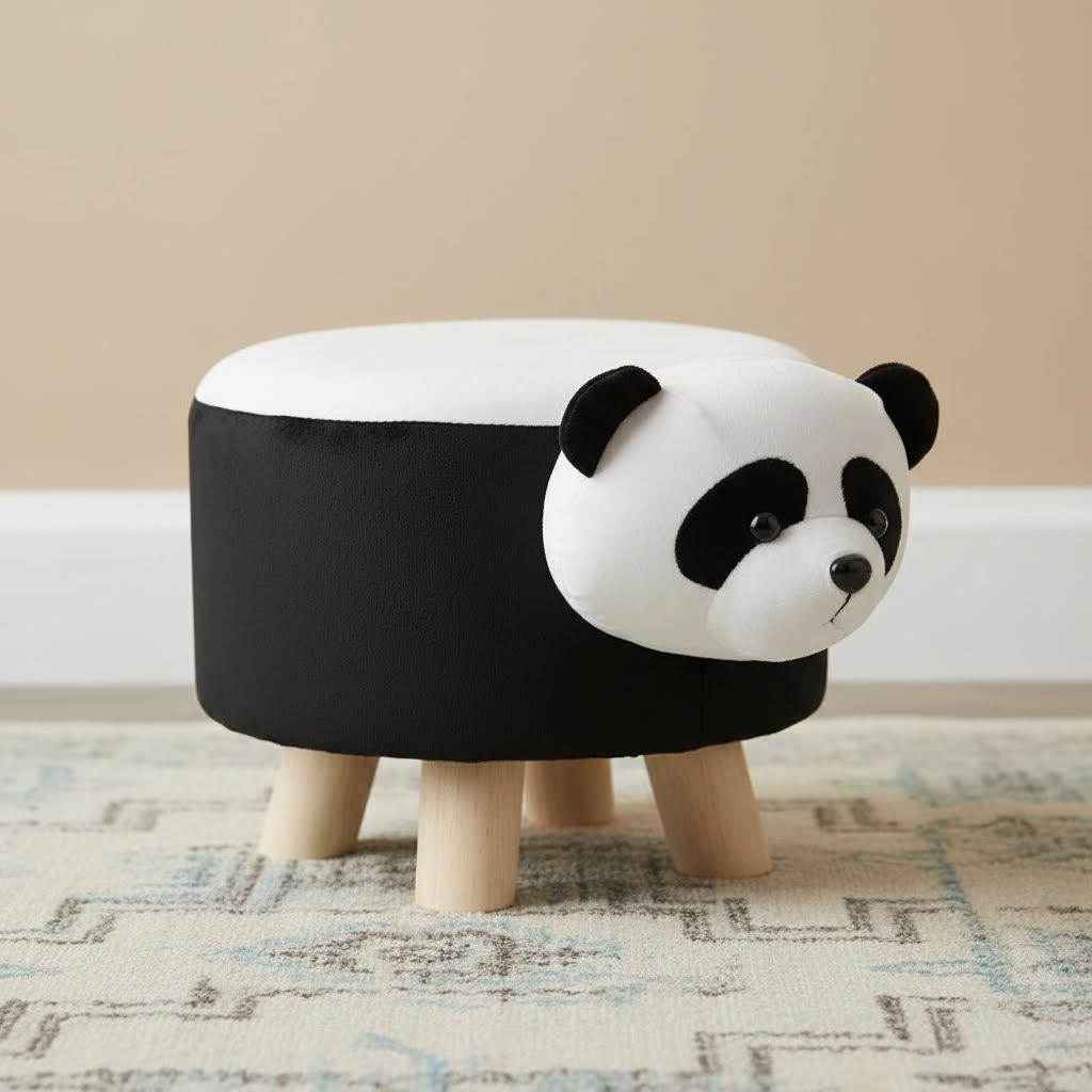 مقعد خشبي للأطفال على شكل باندا، أسود وأبيض