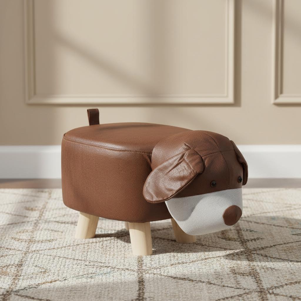 مقعد خشبي للأطفال على شكل حيوان، بني وأبيض