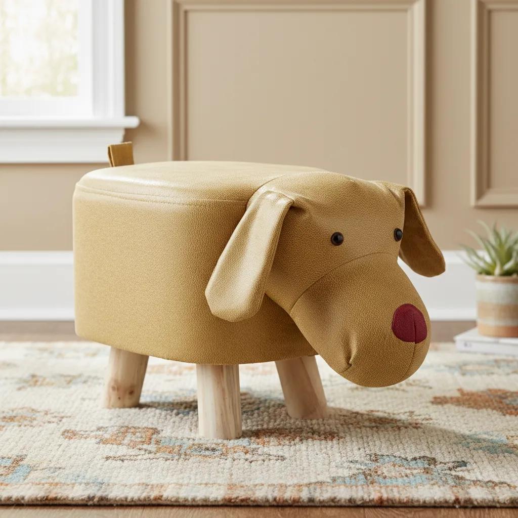 مقعد خشبي للأطفال على شكل جرو، بني فاتح