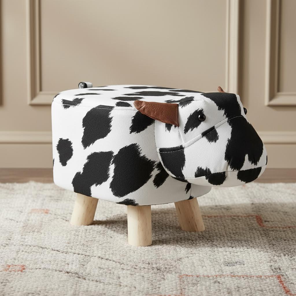 مقعد خشبي للأطفال على شكل بقرة، أسود وأبيض