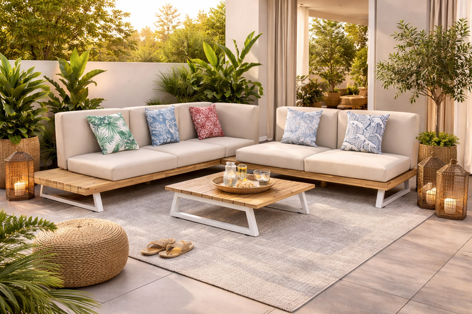 طقم أريكة زاوية راسل بخمسة مقاعد مع طاولة مركزية، بيج