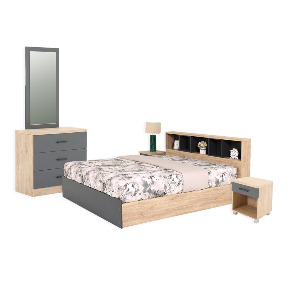 April Bed Set with Dresser & Mirror, Oak & Anthracite