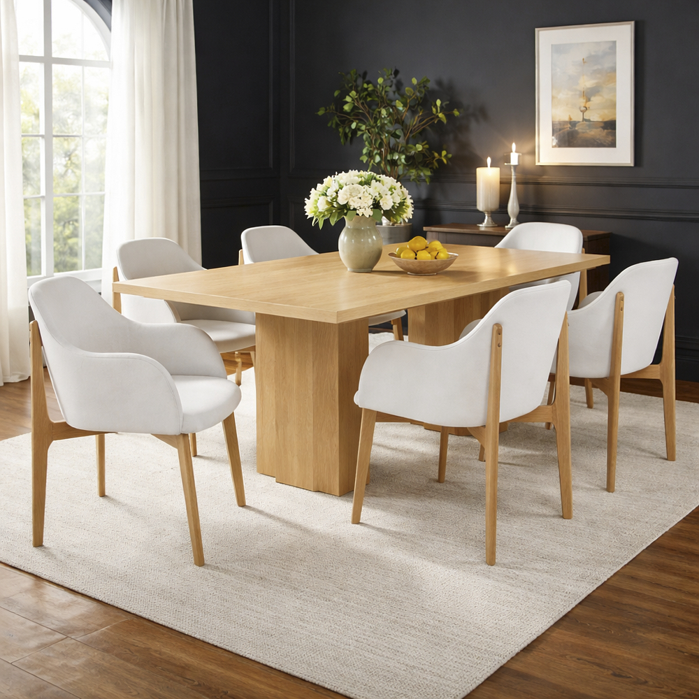 طاولة طعام باين مستطيلة لستة أشخاص وكراسي طعام، لون البلوط الطبيعي
