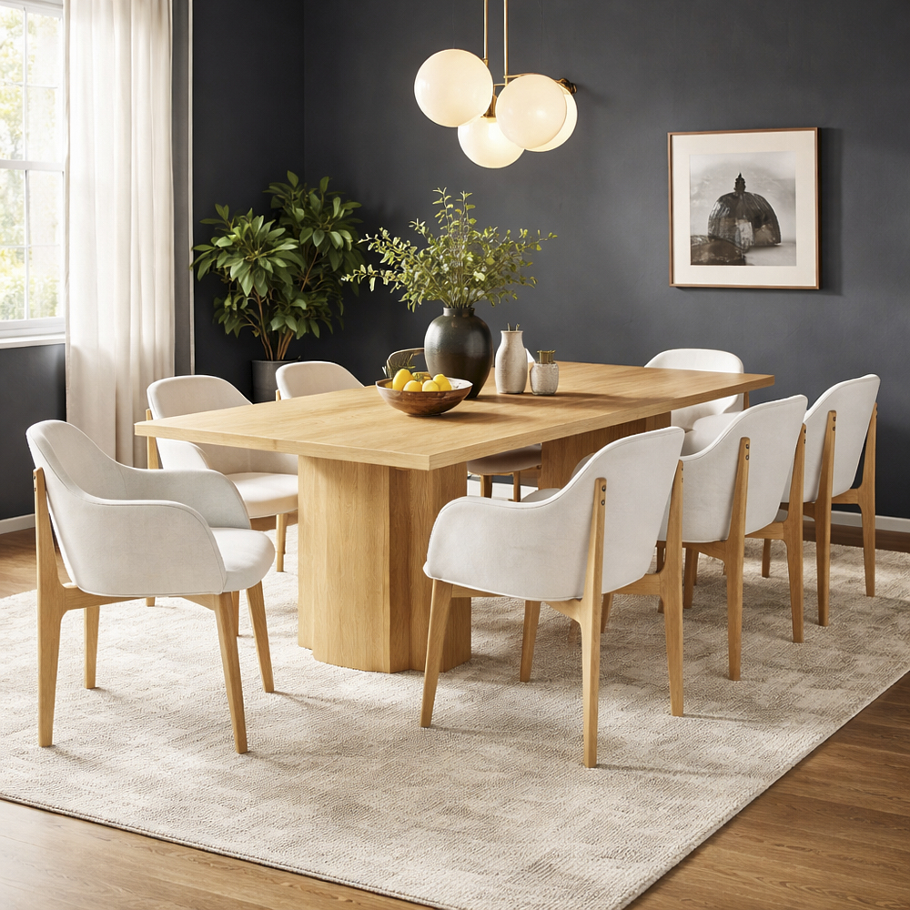 طاولة طعام باين مستطيلة لثمانية أشخاص وكراسي طعام، لون البلوط الطبيعي