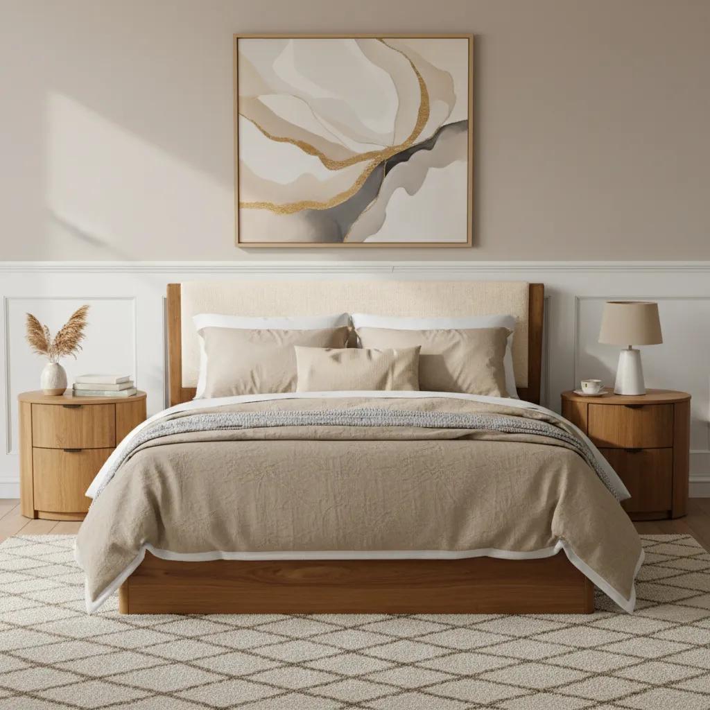 سرير رايو بحجم كوين مع طاولات جانبية بدرجين، بني وبيج