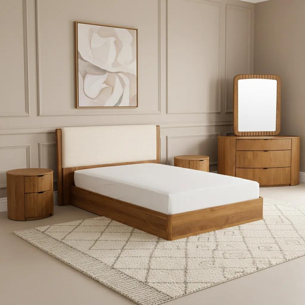 سرير رايو بحجم كوين مع طاولات جانبية وطاولة تسريحة ومرآة، بني وبيج.