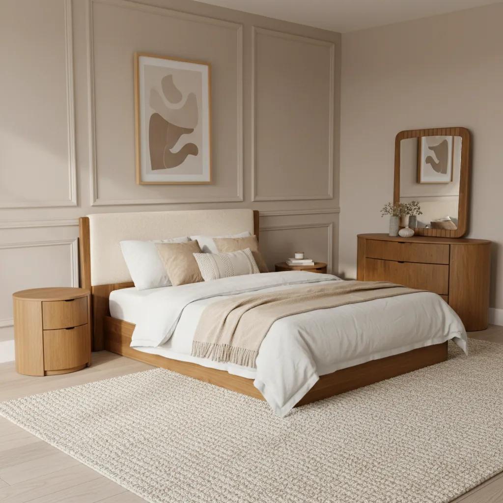 سرير رايو بحجم كينج مع طاولات جانبية وطاولة تسريحة ومرآة، بني وبيج.